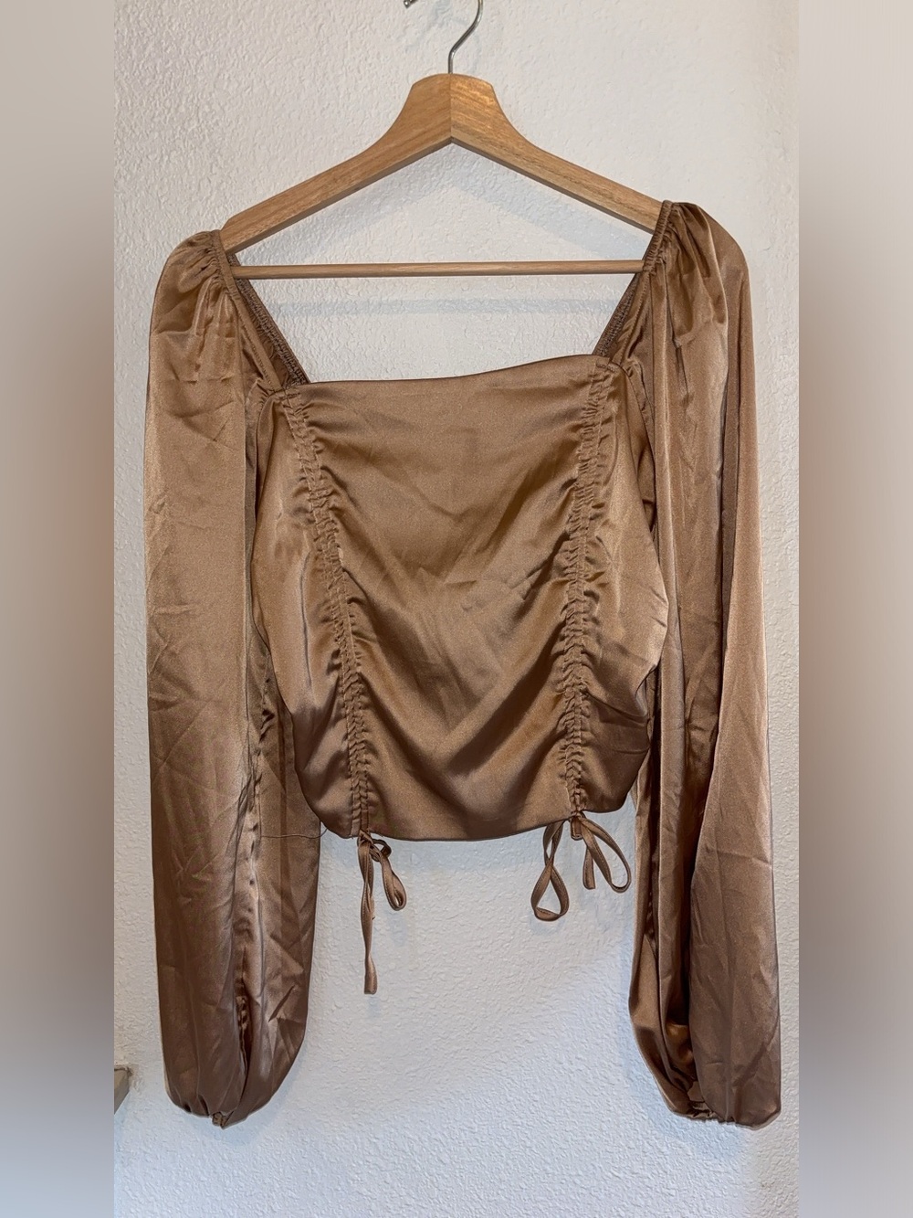 SHEIN Brown Satin Ruched Long-Sleeve Crop Top